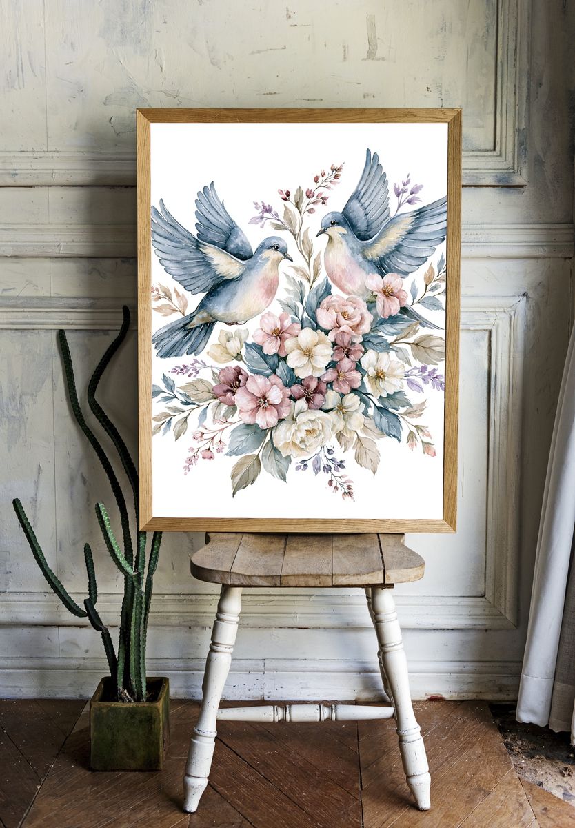 Doves and Blossoms Watercolor Poster. room preview