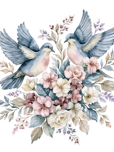 Doves and Blossoms Watercolor Poster.
