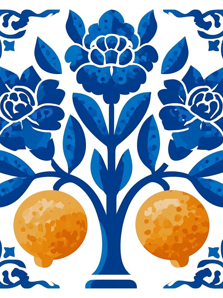 Blue Floral Pomegranates Illustration Poster. poster detail