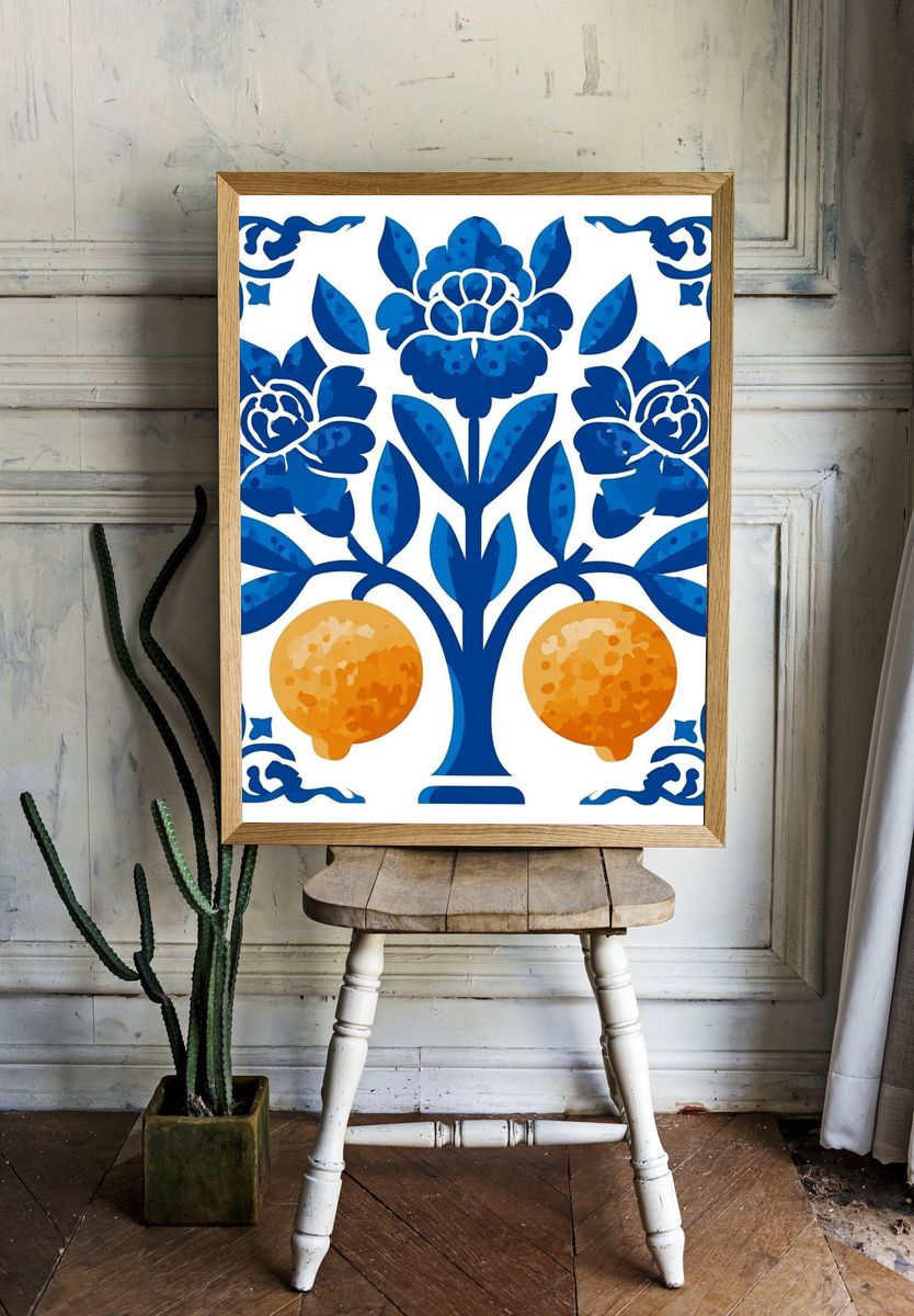 Blue Floral Pomegranates Illustration Poster. room preview