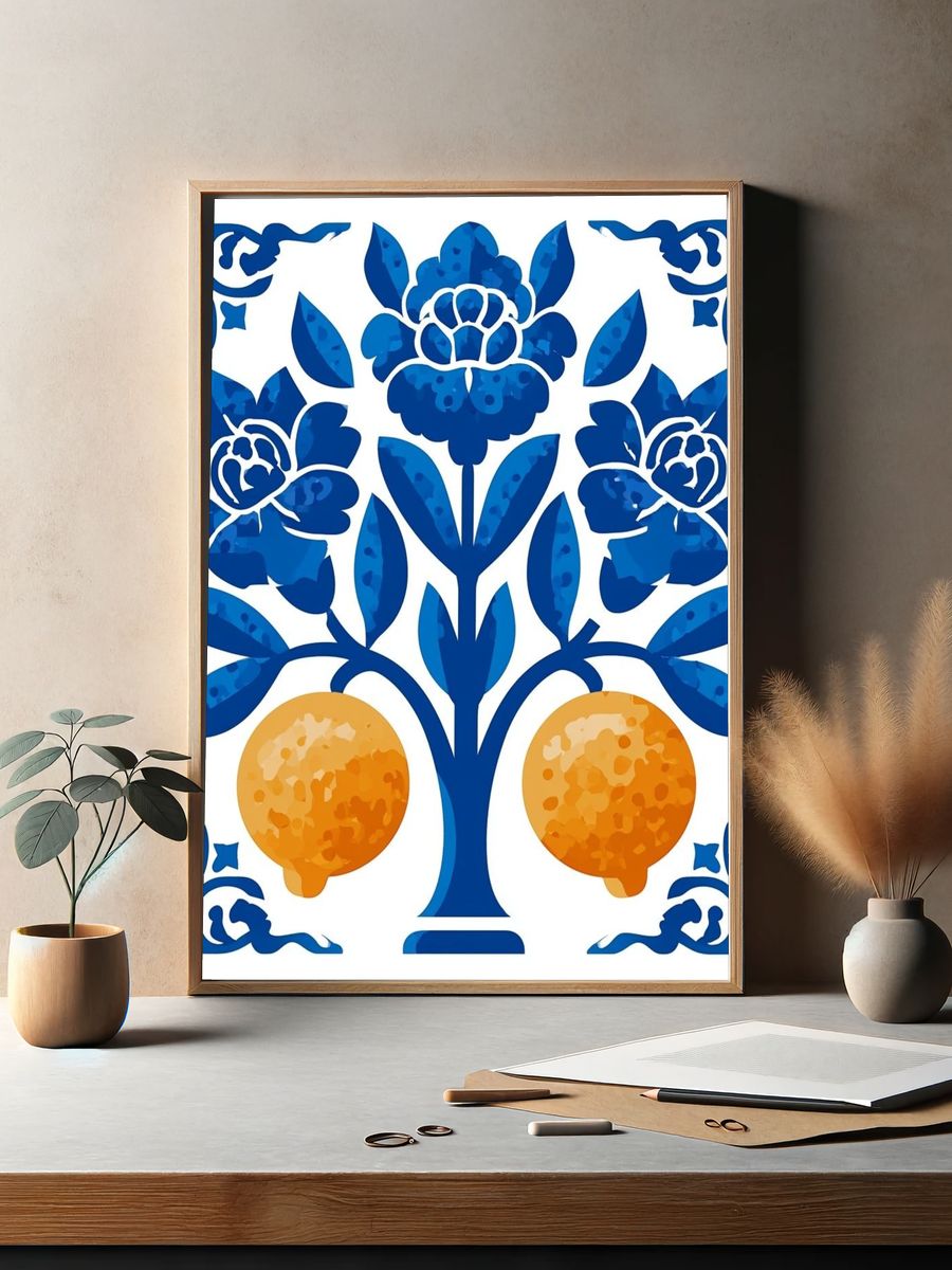 Blue Floral Pomegranates Illustration Poster. — room view 2