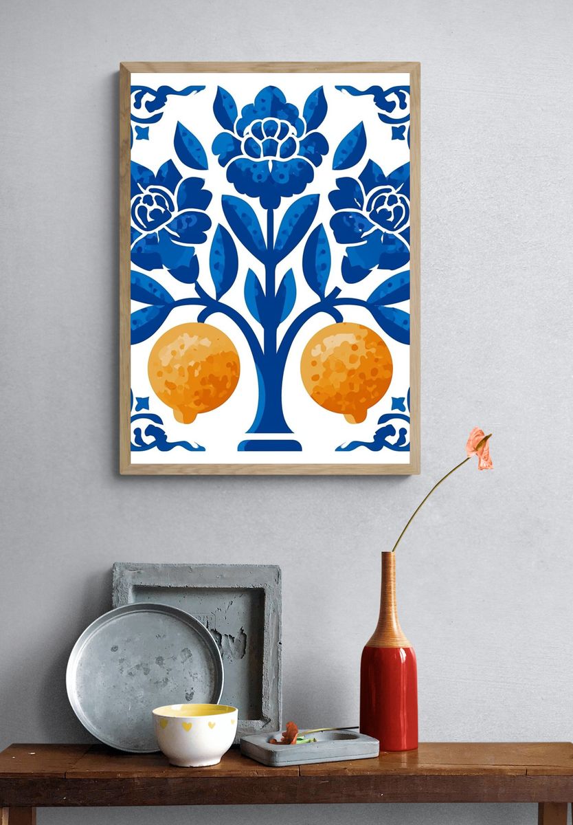 Blue Floral Pomegranates Illustration Poster. — room view 3