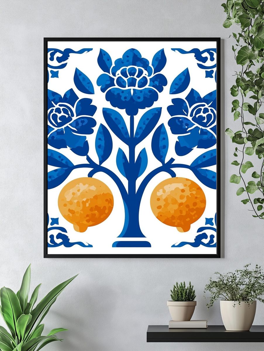 Blue Floral Pomegranates Illustration Poster. — room view 4