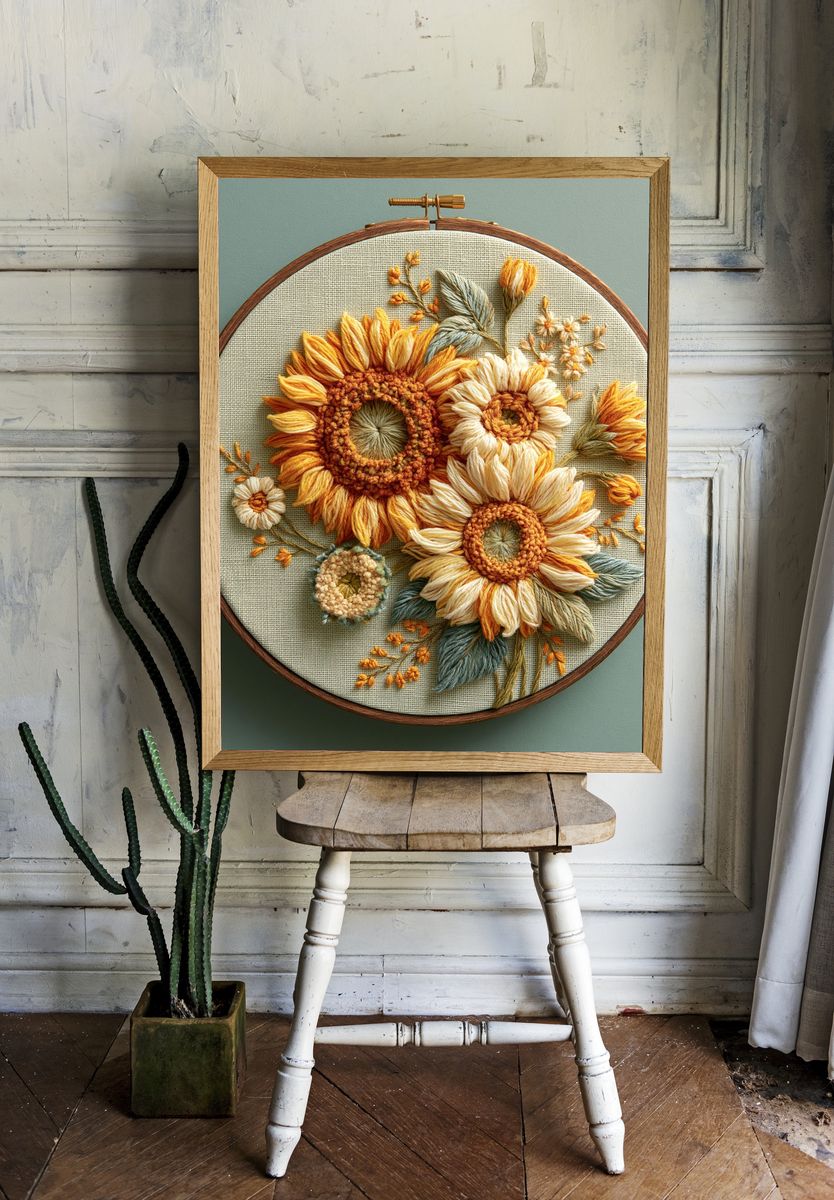 Sunflower Embroidery Botanical Print. room preview