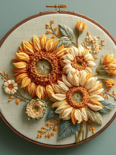 Sunflower Embroidery Botanical Print.