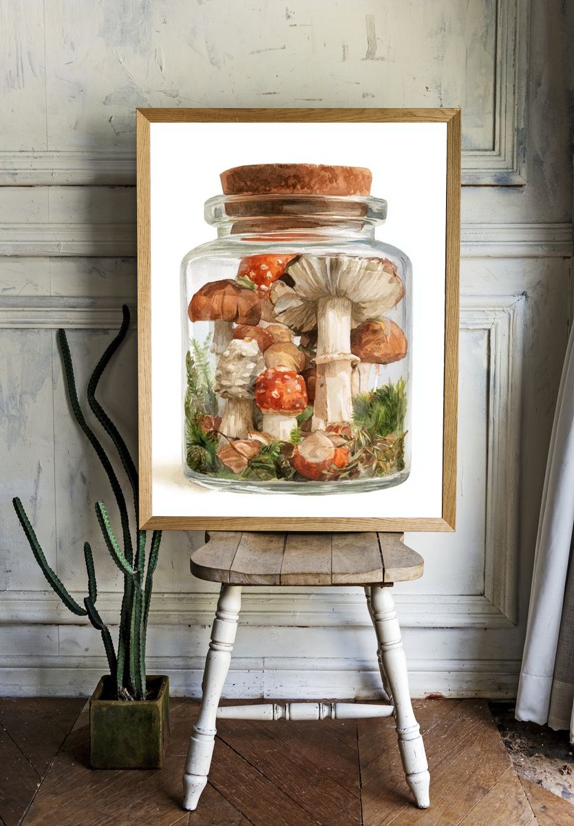 Mushroom Jar Watercolor Print. room preview