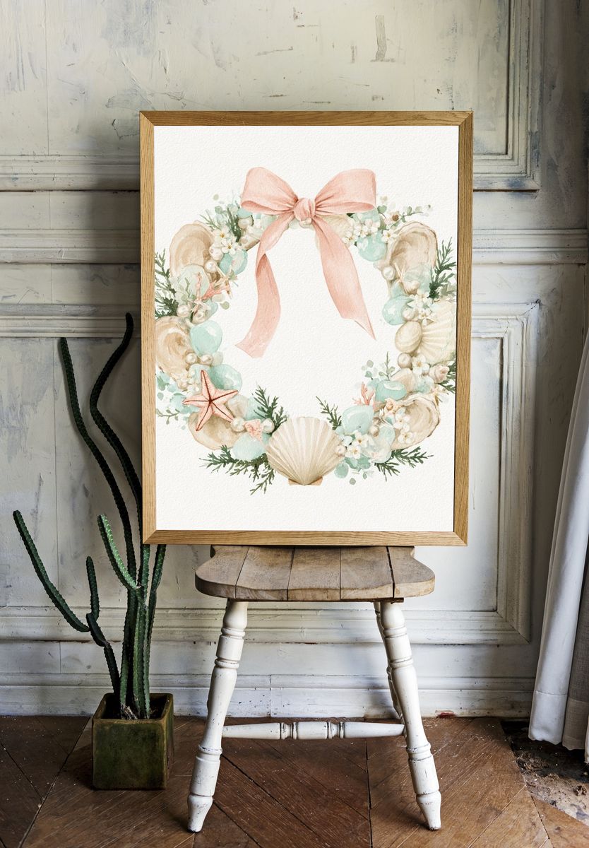 Seashell Wreath Watercolor Poster. — room view 1