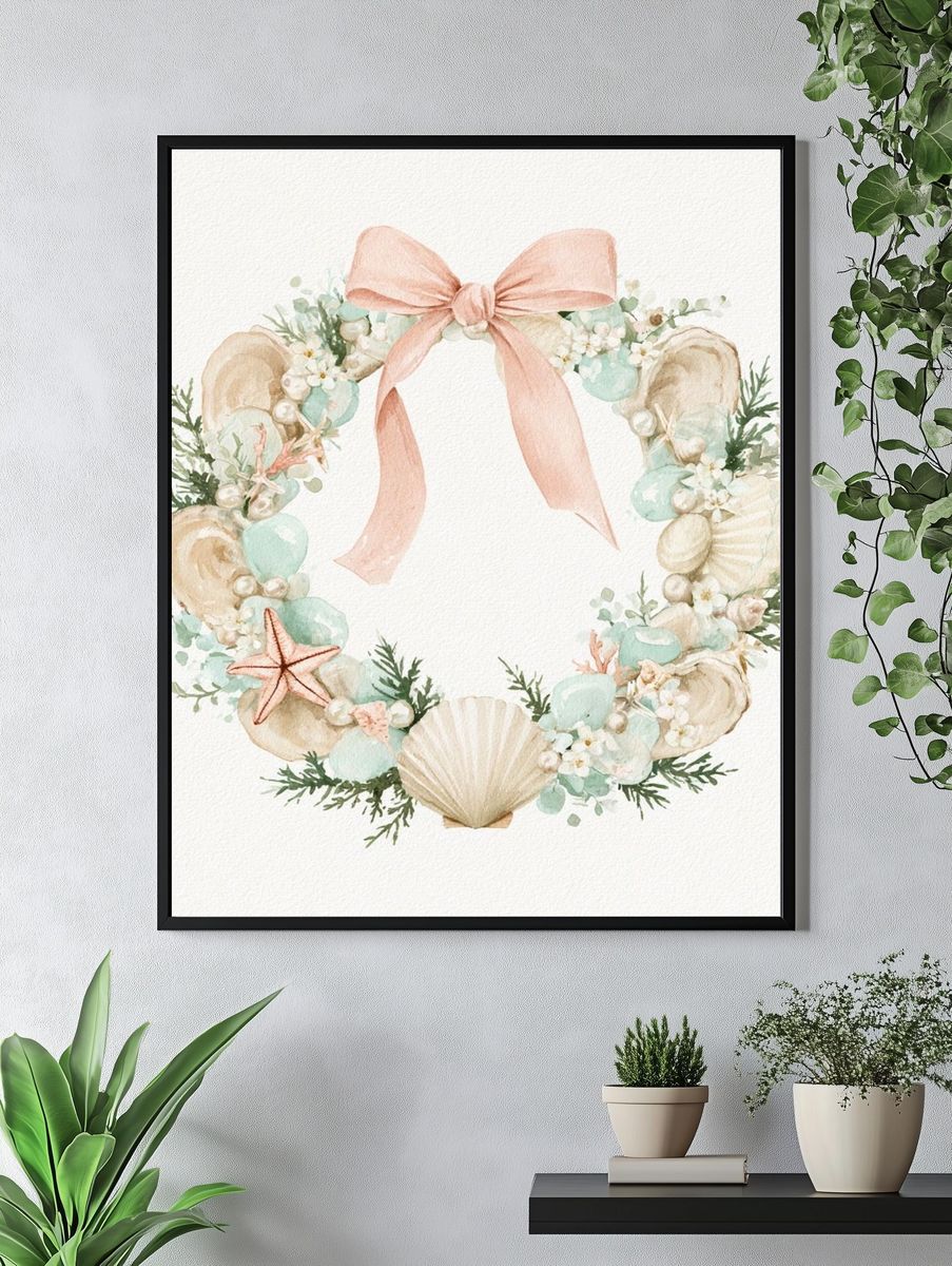 Seashell Wreath Watercolor Poster. — room view 4