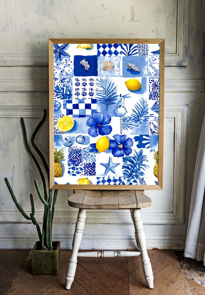 Blue Coastal Watercolor Poster. room preview