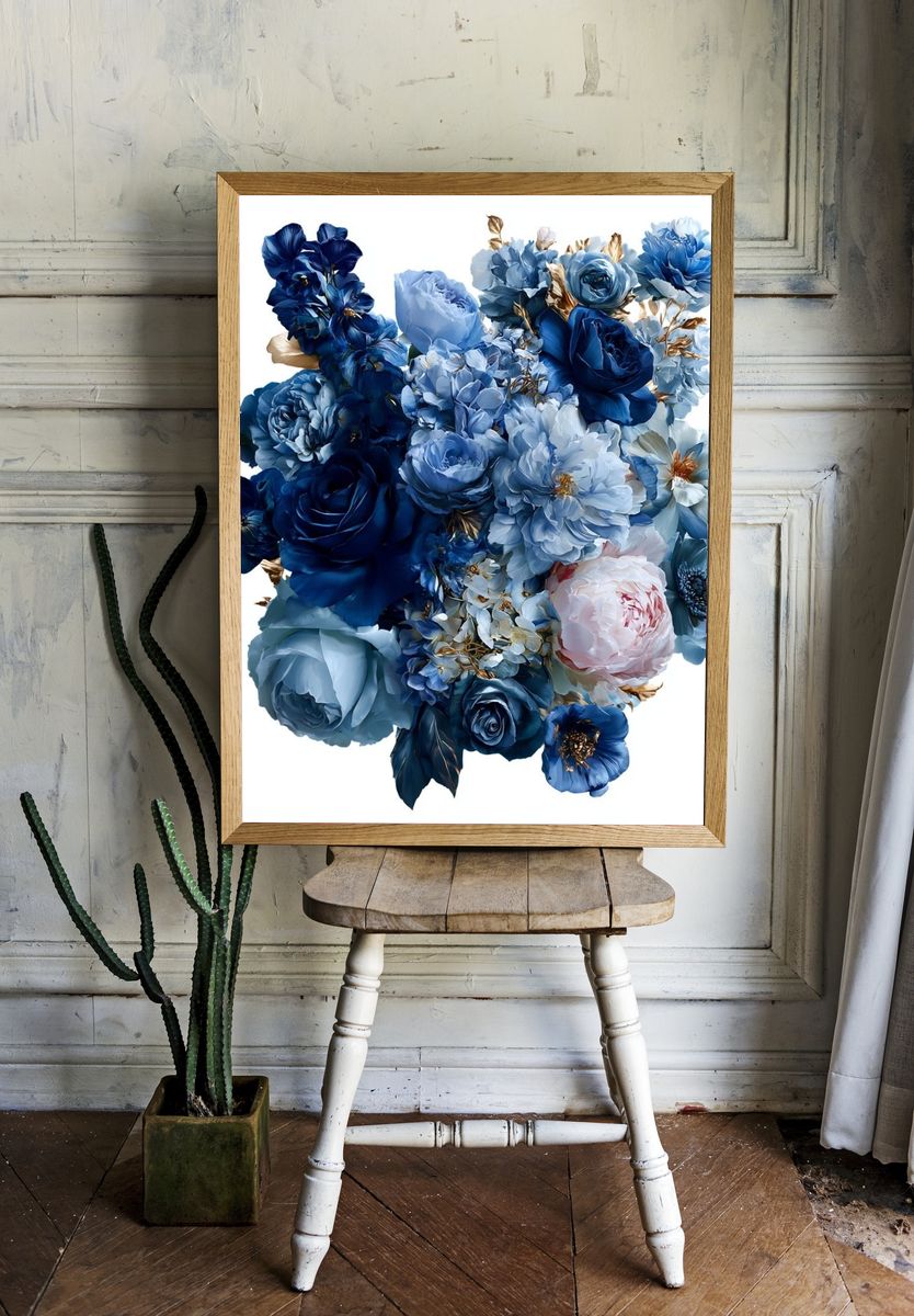 Blue Floral Bouquet Print. room preview