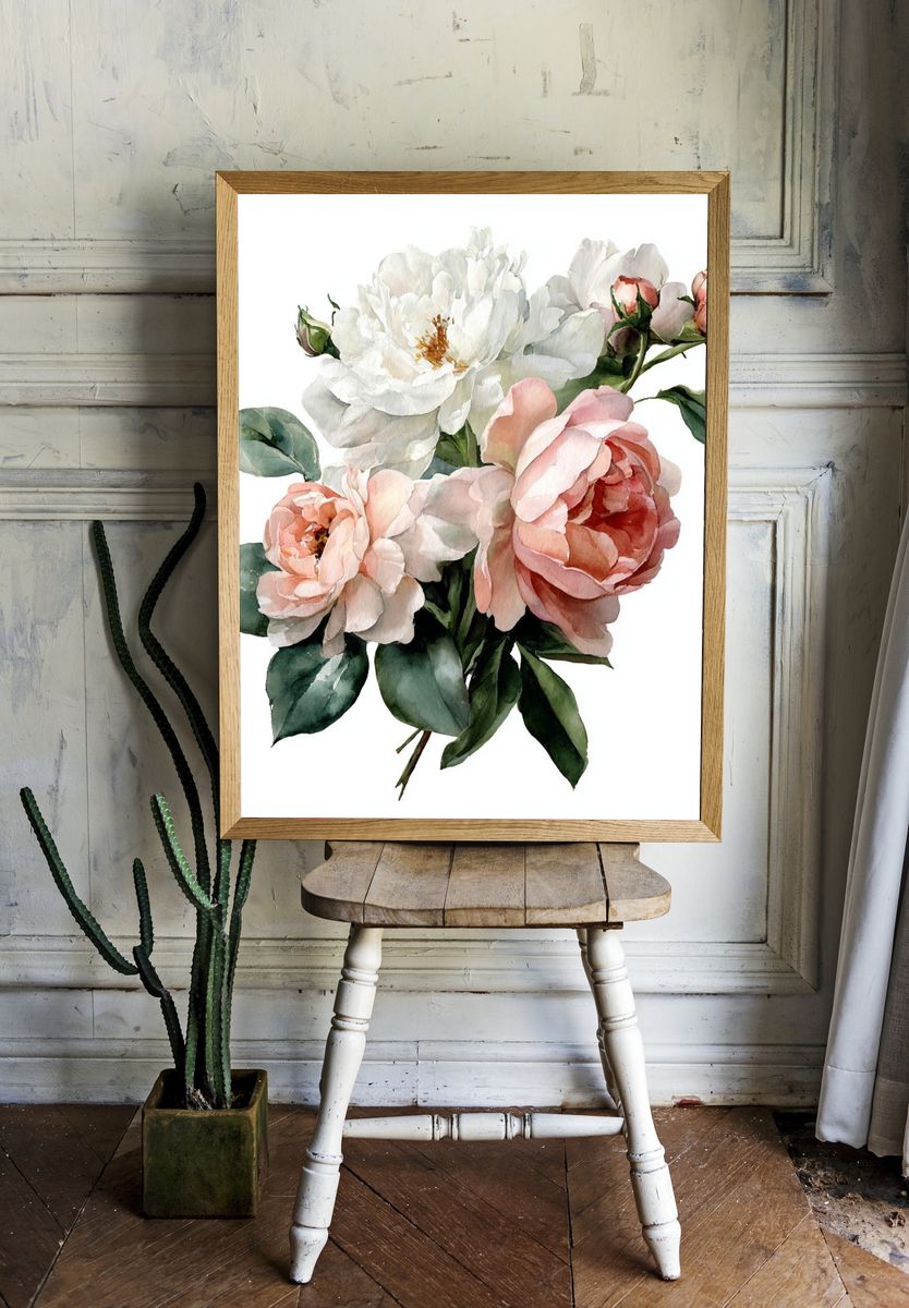 Peony Bouquet Watercolor Print. room preview
