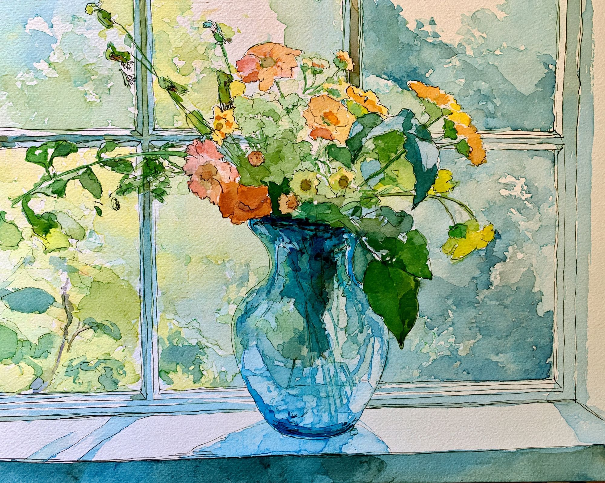 Blue Vase Flowers Watercolor Poster. poster detail