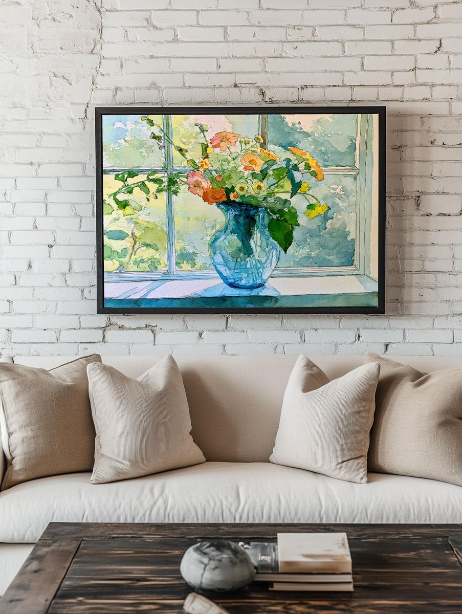 Blue Vase Flowers Watercolor Poster. — room view 1