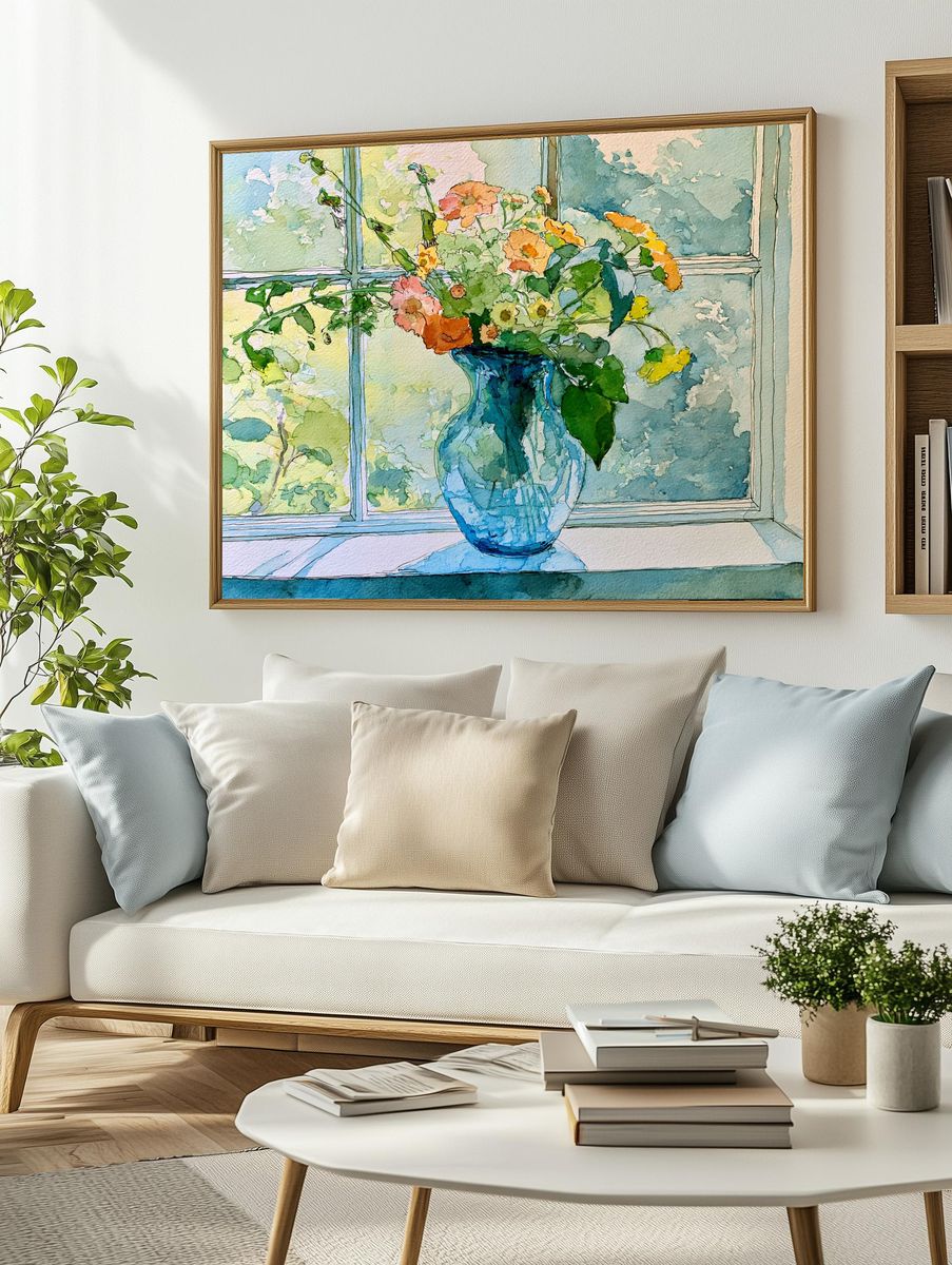 Blue Vase Flowers Watercolor Poster. — room view 2