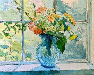 Blue Vase Flowers Watercolor Poster.