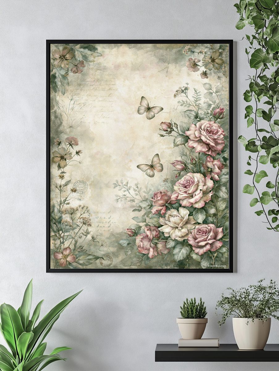 Vintage Floral Butterfly Poster. — room view 4