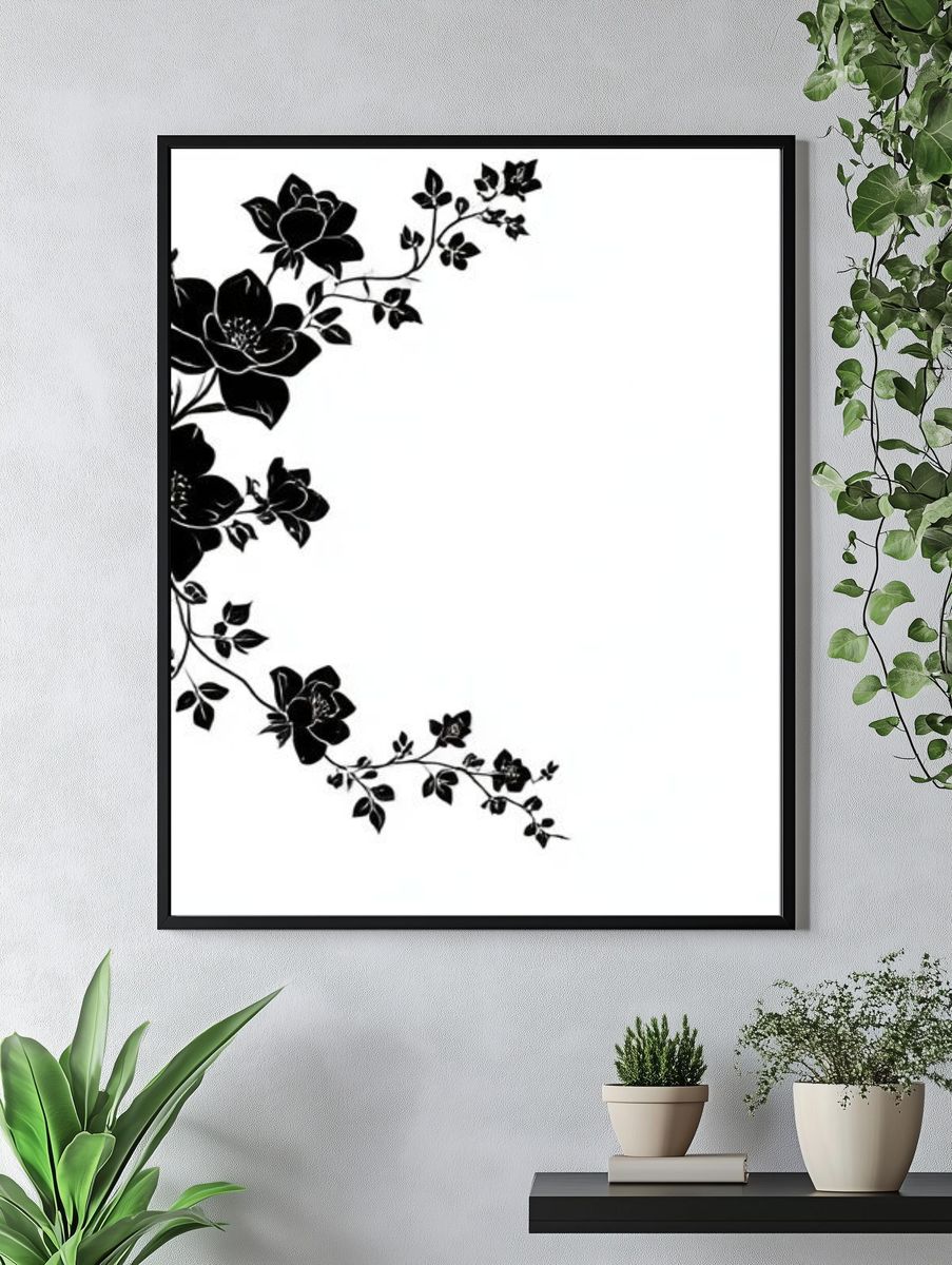Black Floral Vine Minimalist Print. — room view 4