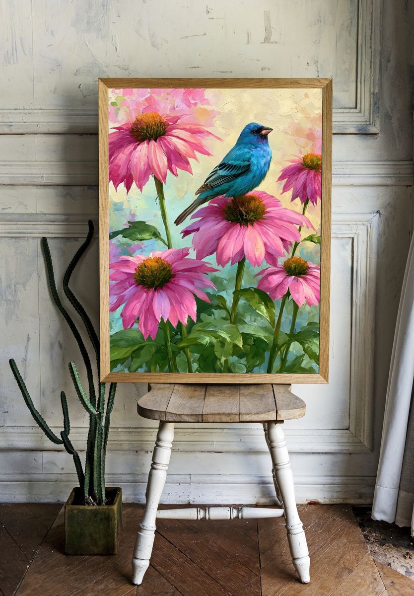 Bluebird and Pink Coneflowers Print. room preview