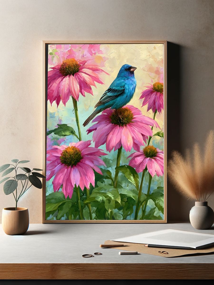 Bluebird and Pink Coneflowers Print. — room view 2
