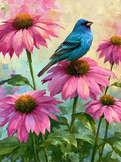 Bluebird and Pink Coneflowers Print.