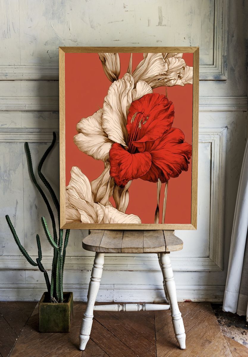 Red Gladiolus Botanical Print. room preview