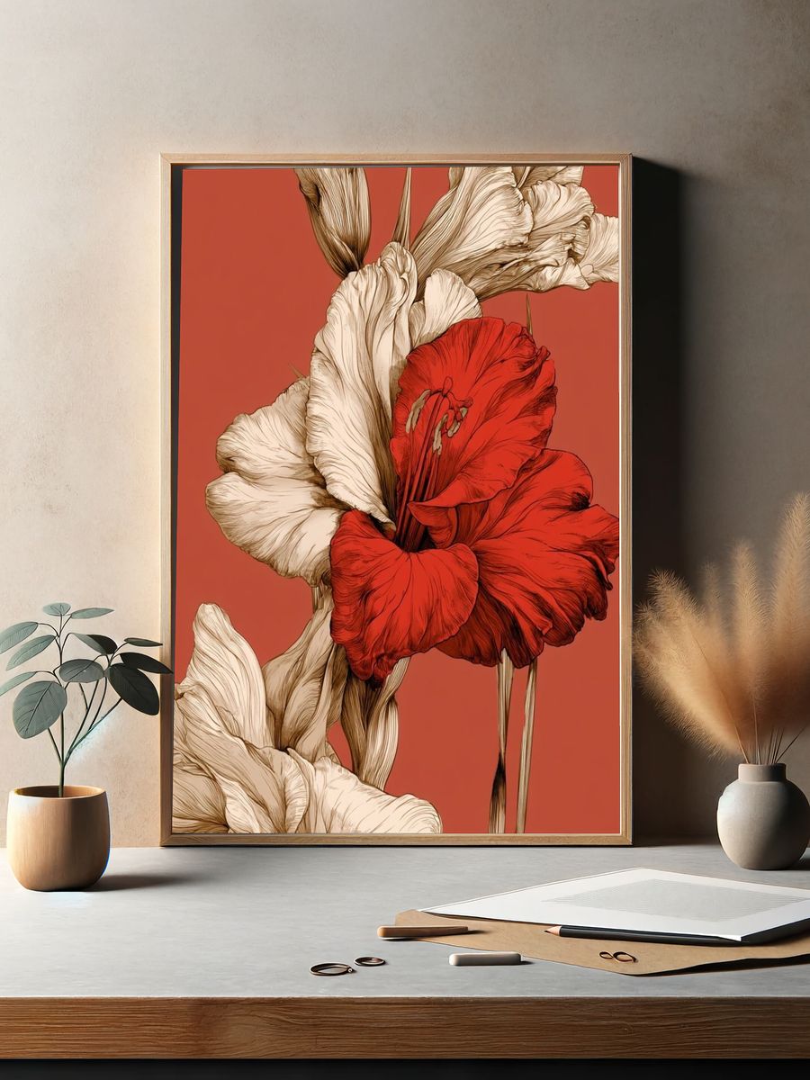 Red Gladiolus Botanical Print. — room view 2