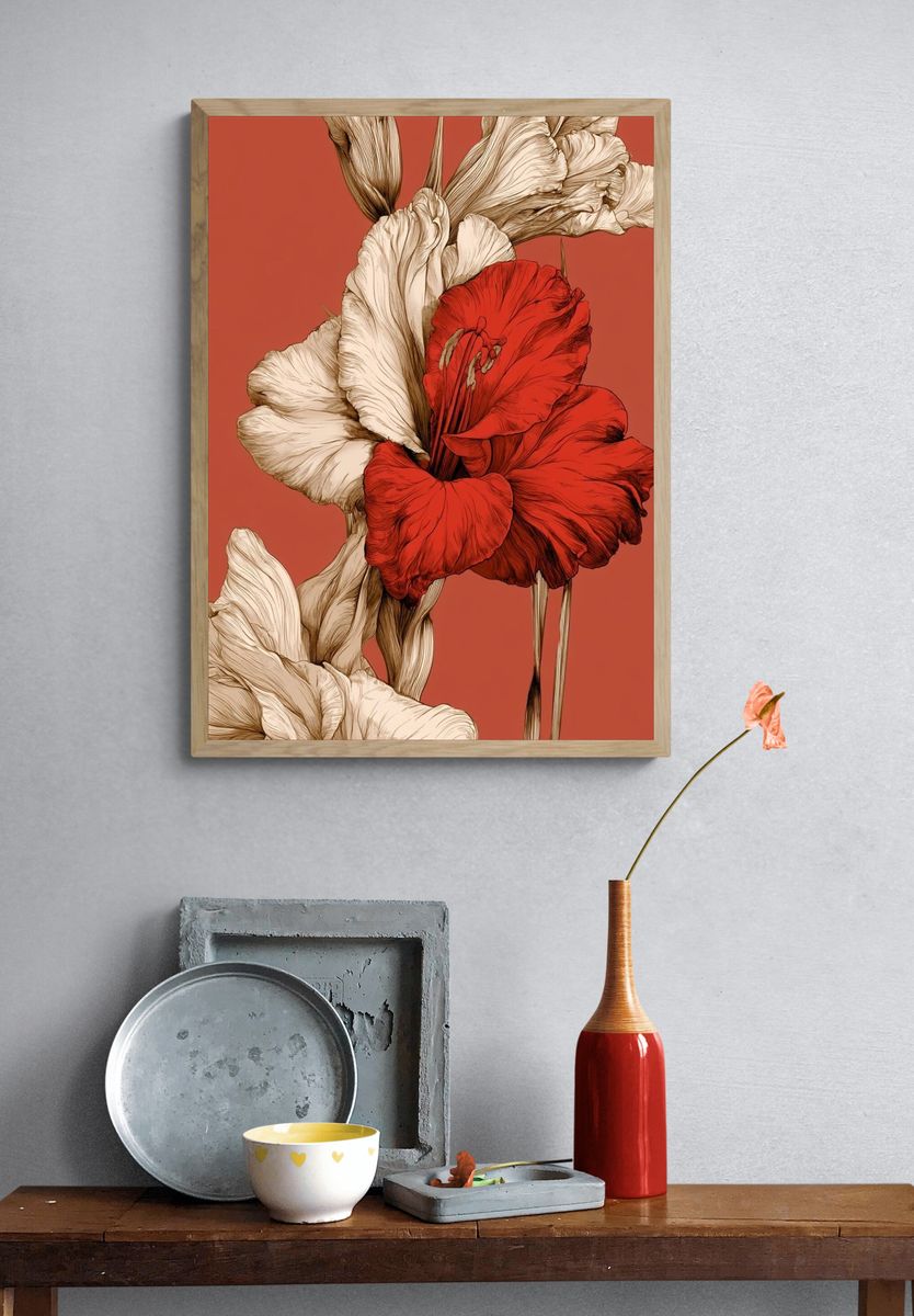 Red Gladiolus Botanical Print. — room view 3