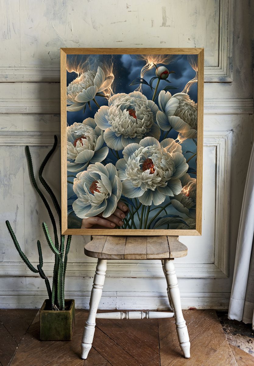 Moonlit Peonies Botanical Print. room preview