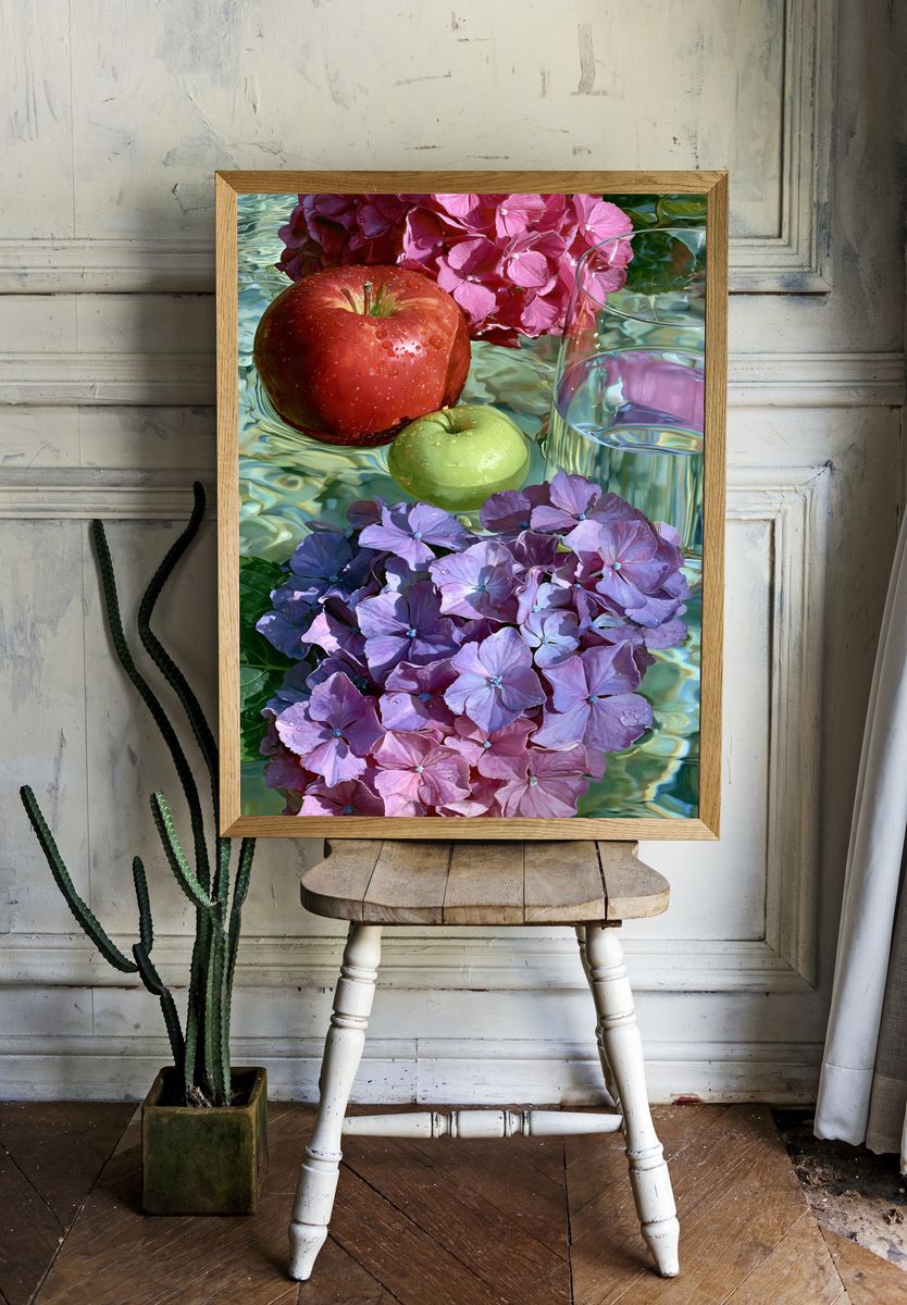 Hydrangeas and Apples Botanical Print. room preview