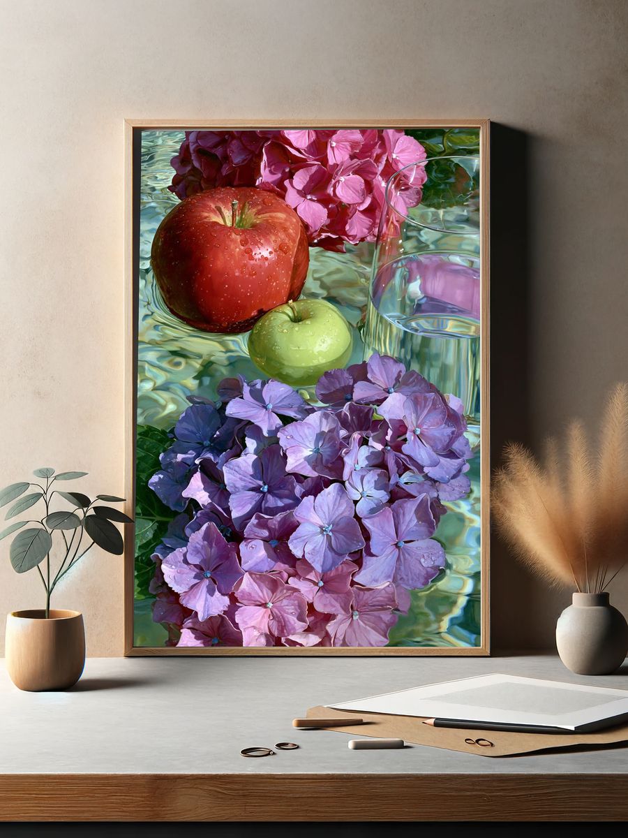 Hydrangeas and Apples Botanical Print. — room view 2