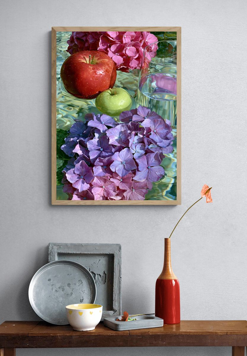 Hydrangeas and Apples Botanical Print. — room view 3