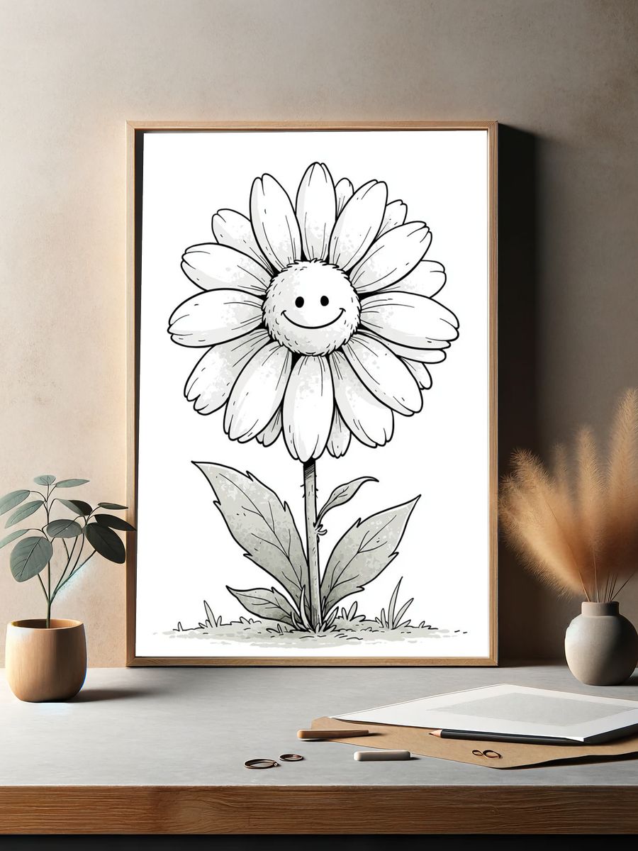 Smiling Daisy Line-Art Poster. — room view 2