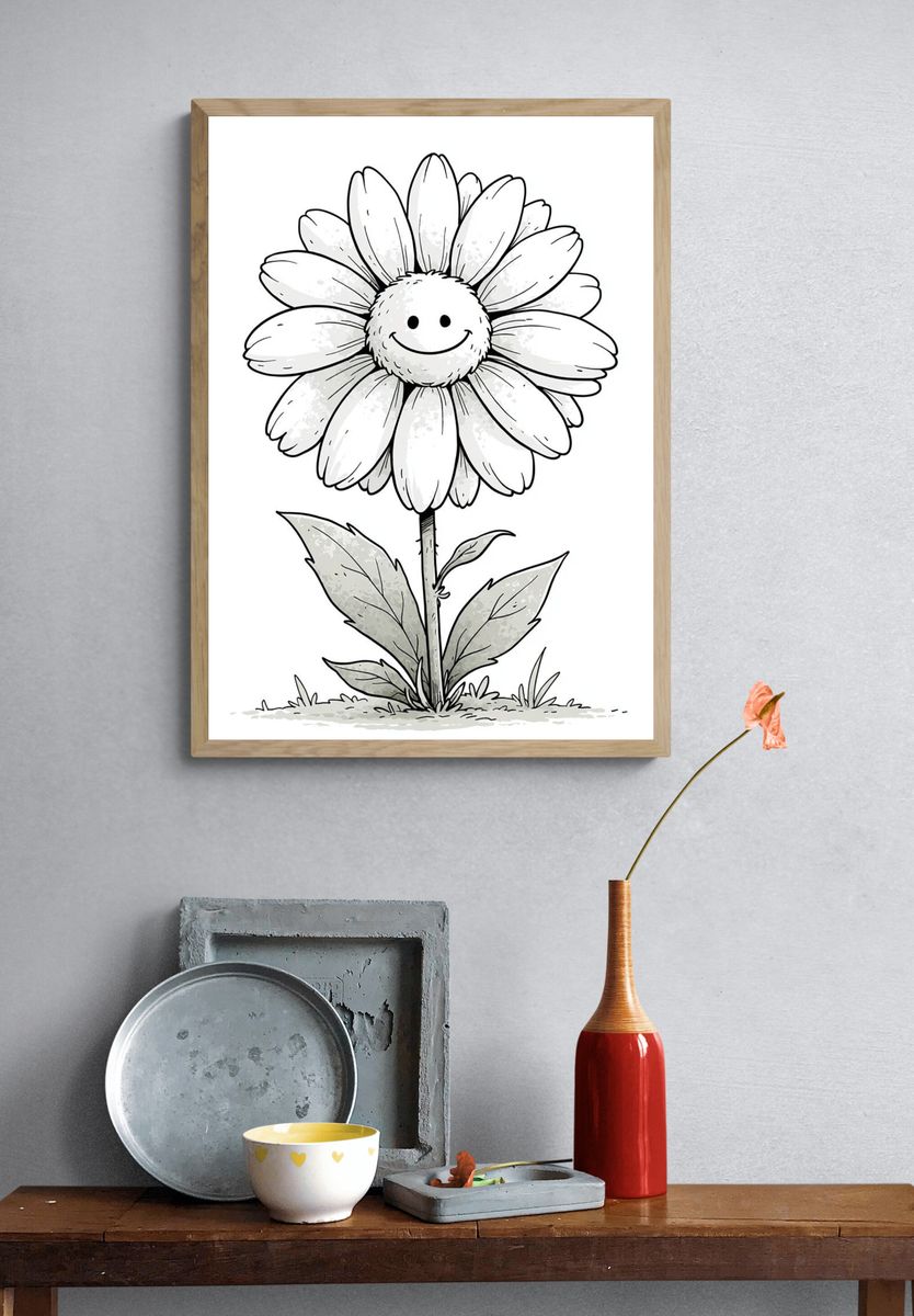 Smiling Daisy Line-Art Poster. — room view 3