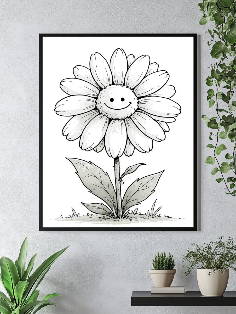 Smiling Daisy Line-Art Poster. — room view 4