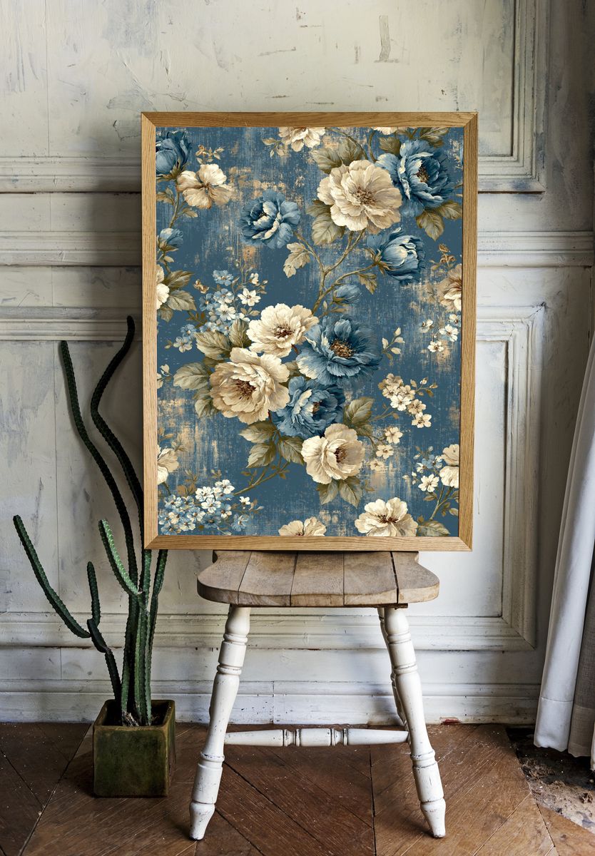 Blue Floral Vintage Poster. room preview