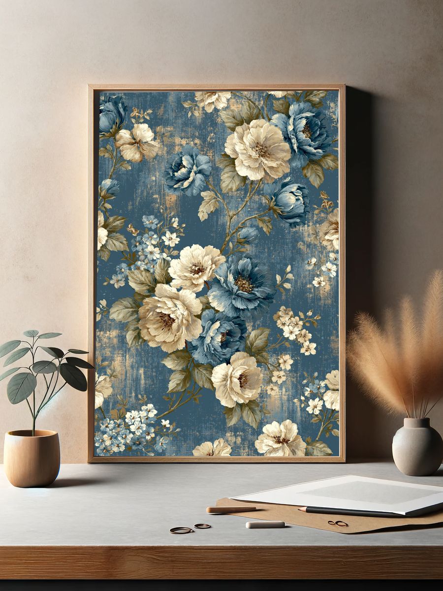 Blue Floral Vintage Poster. — room view 2