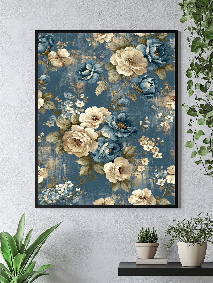 Blue Floral Vintage Poster. — room view 4