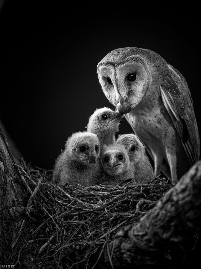 Barn Owl Family Black-White Poster. poster — animals art