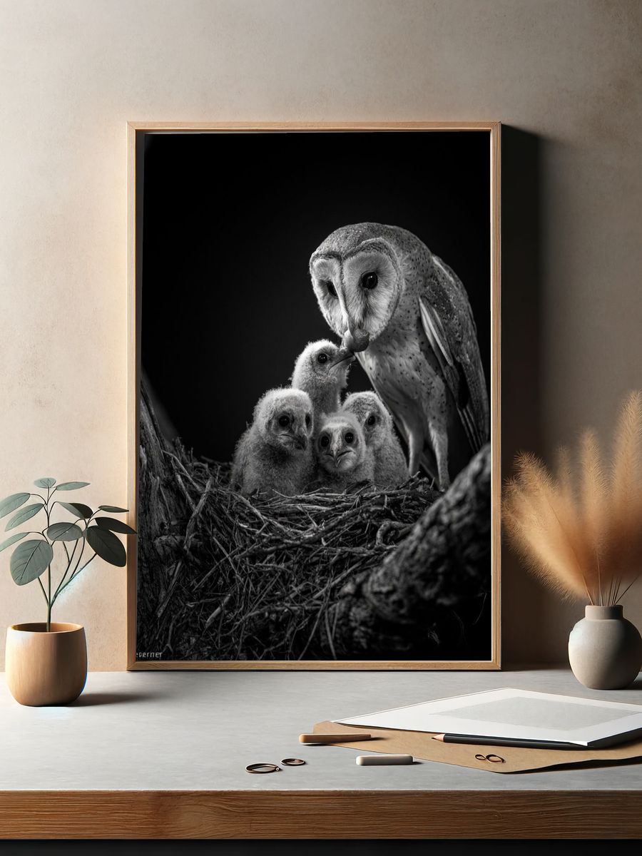 Barn Owl Family Black-White Poster. — room view 2