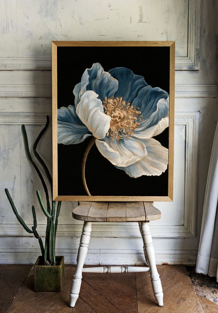 Blue Poppy Botanical Print. room preview