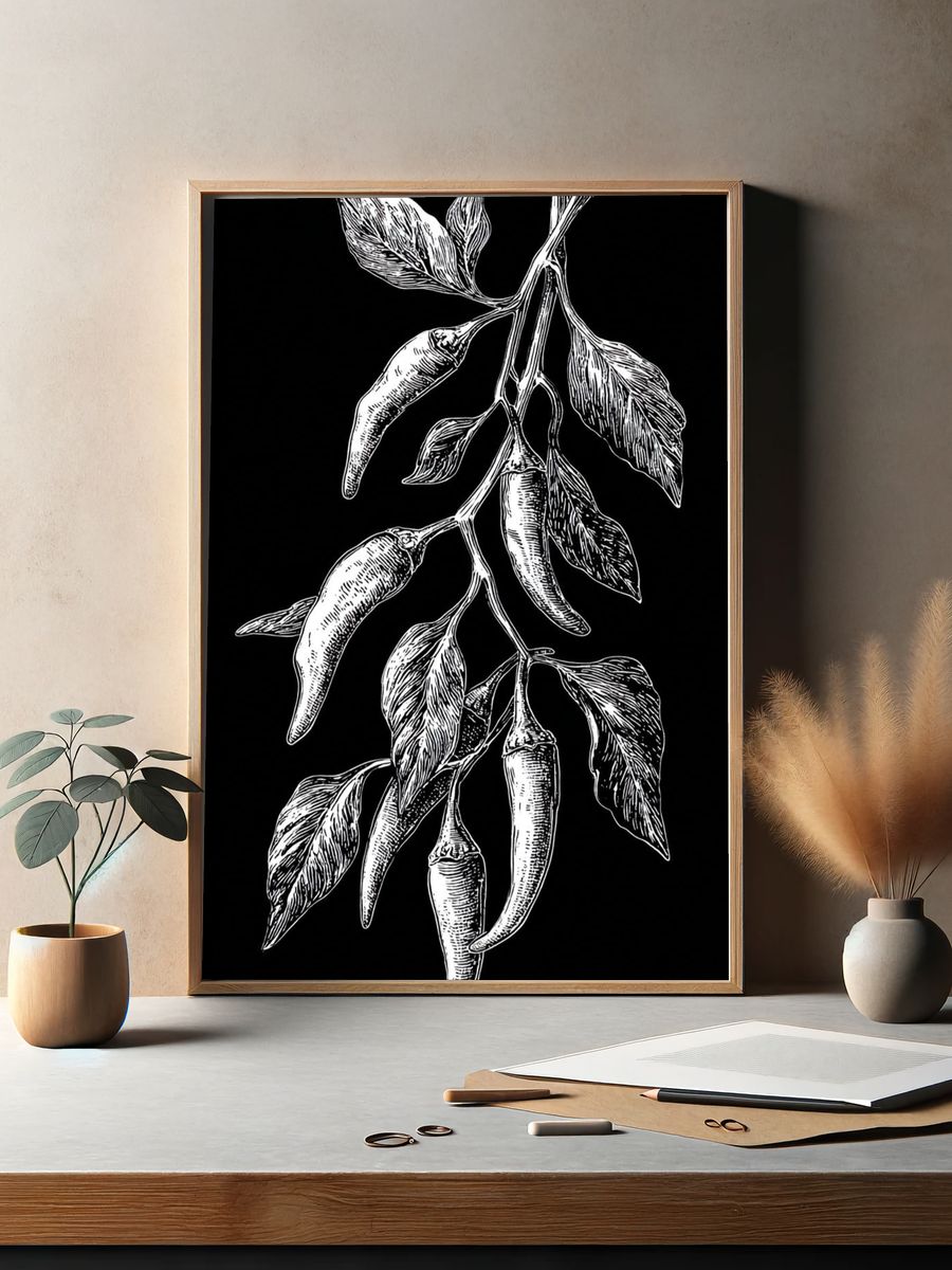 Chili Peppers Botanical Illustration Poster. — room view 2