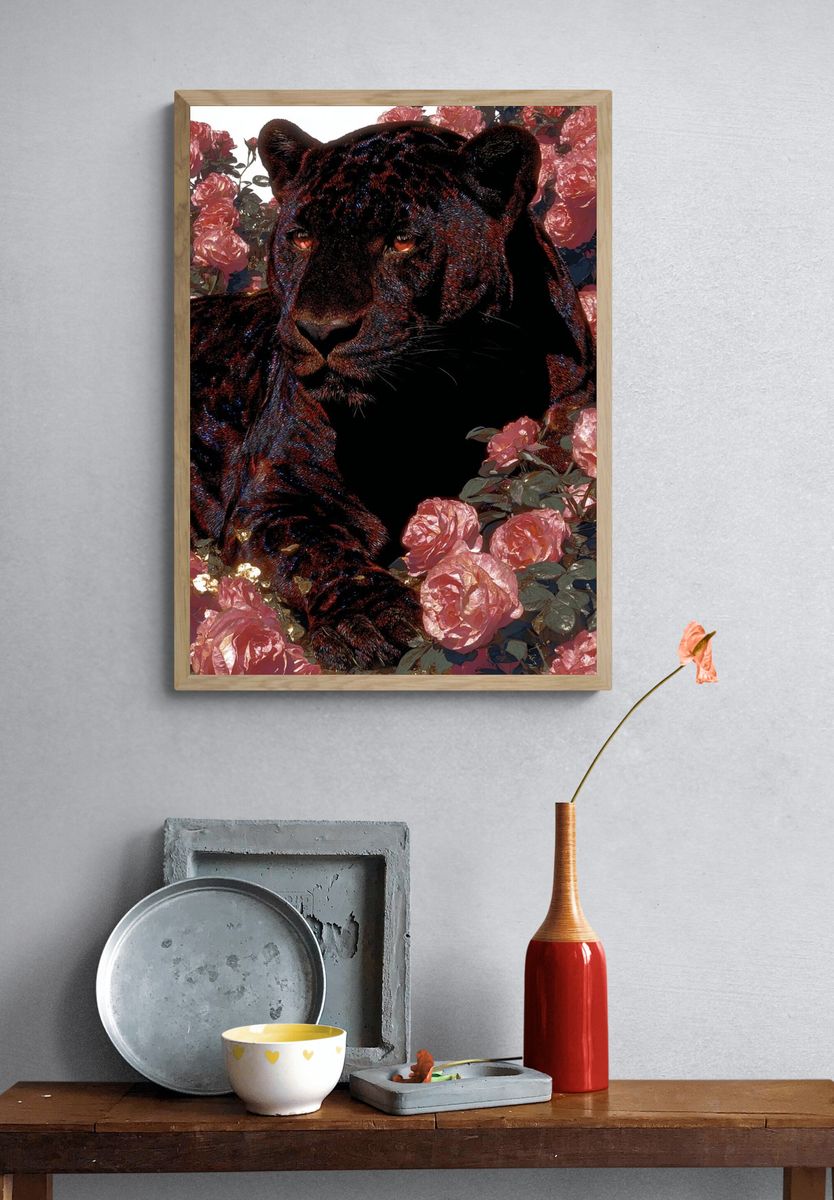 Black Panther Among Roses — Art Print. — room view 3