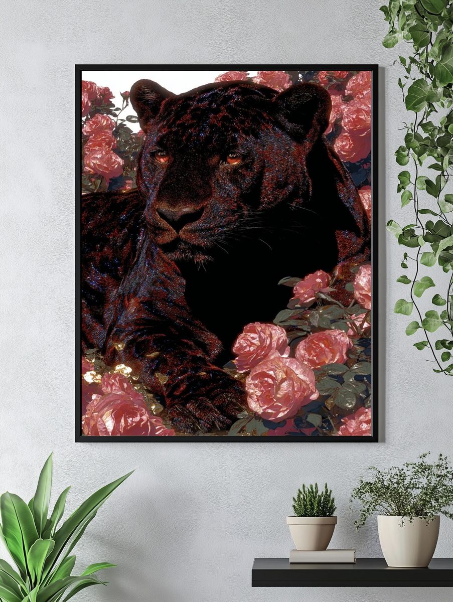 Black Panther Among Roses — Art Print. — room view 4