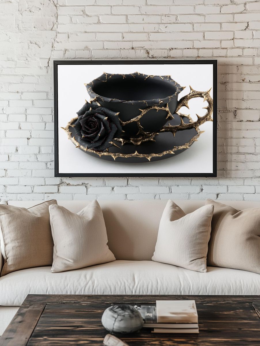 Black Rose Thorn Cup Print. room preview