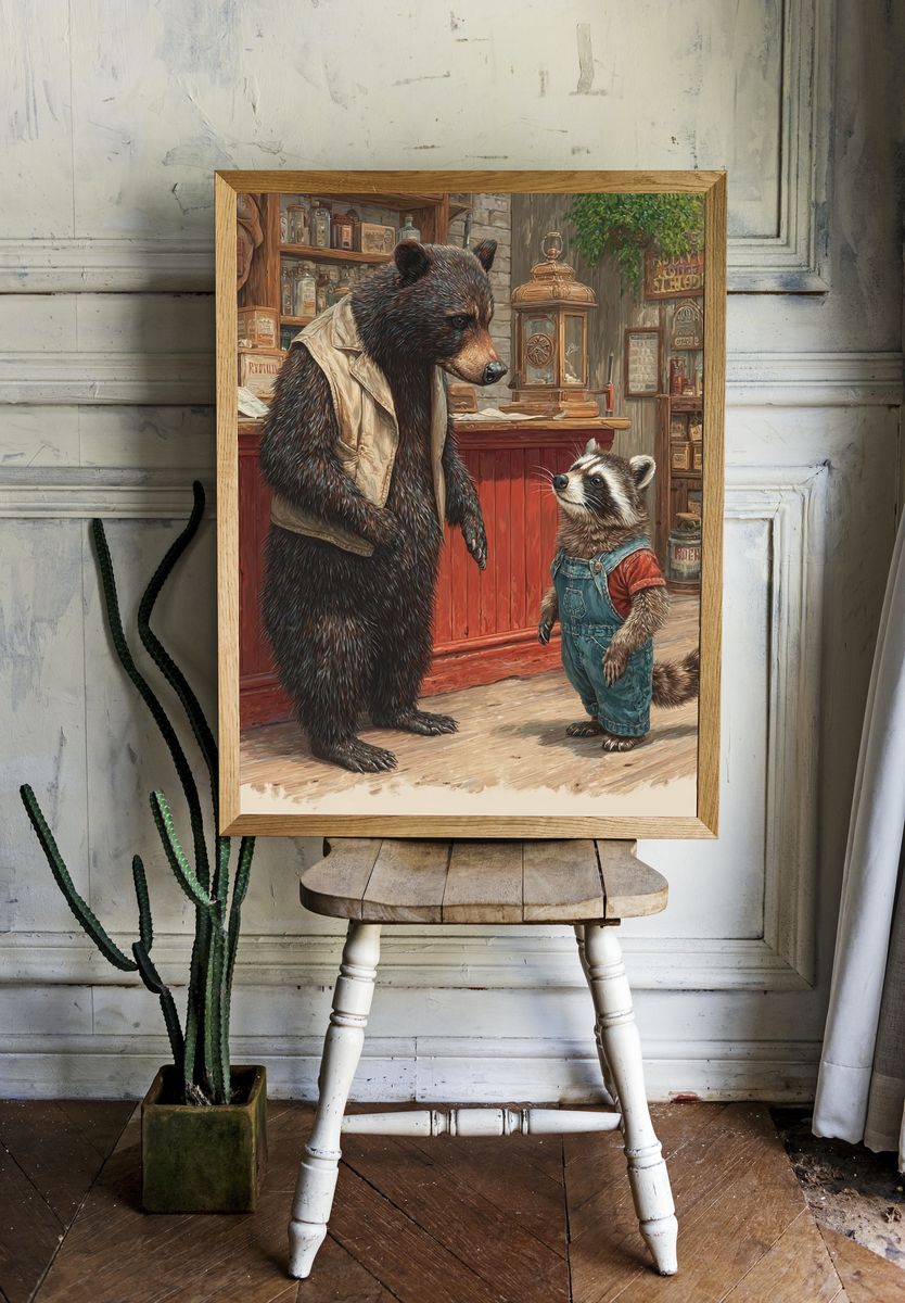 Bear and Raccoon — Illustration Print. — room view 1