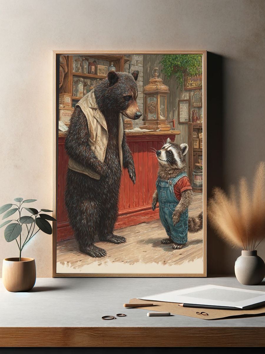 Bear and Raccoon — Illustration Print. — room view 2