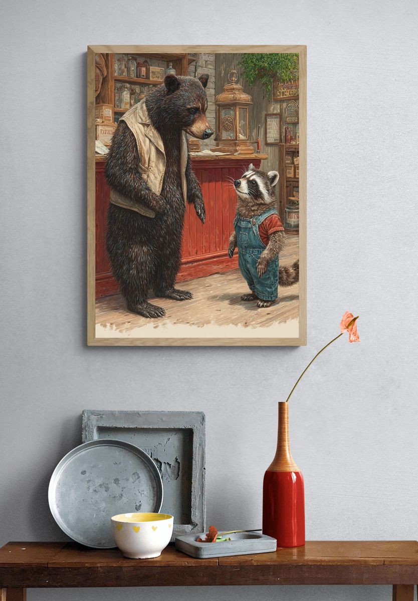 Bear and Raccoon — Illustration Print. — room view 3