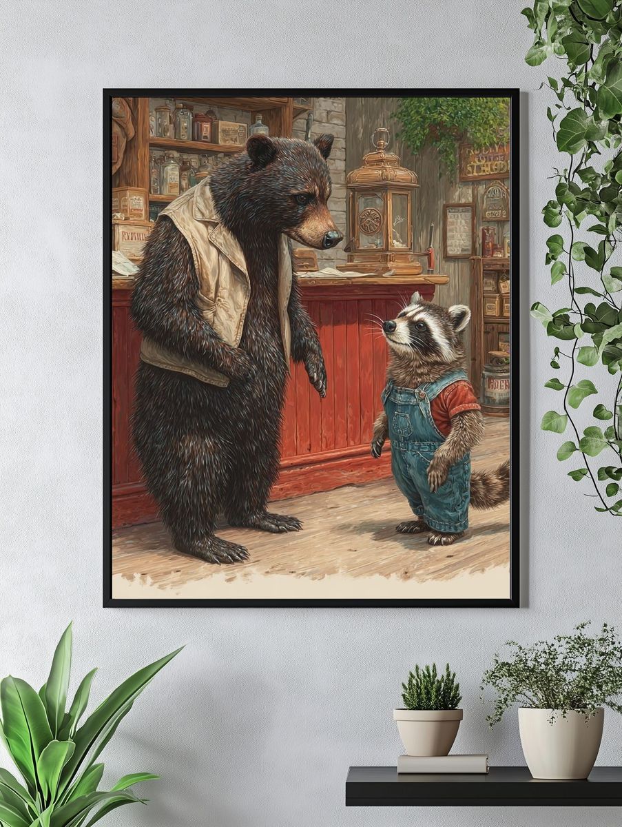 Bear and Raccoon — Illustration Print. — room view 4