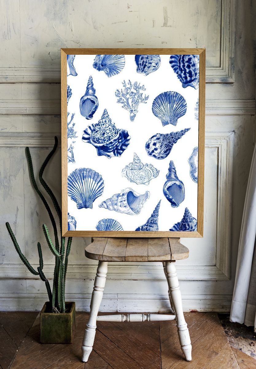 Blue Seashell Pattern Print. room preview