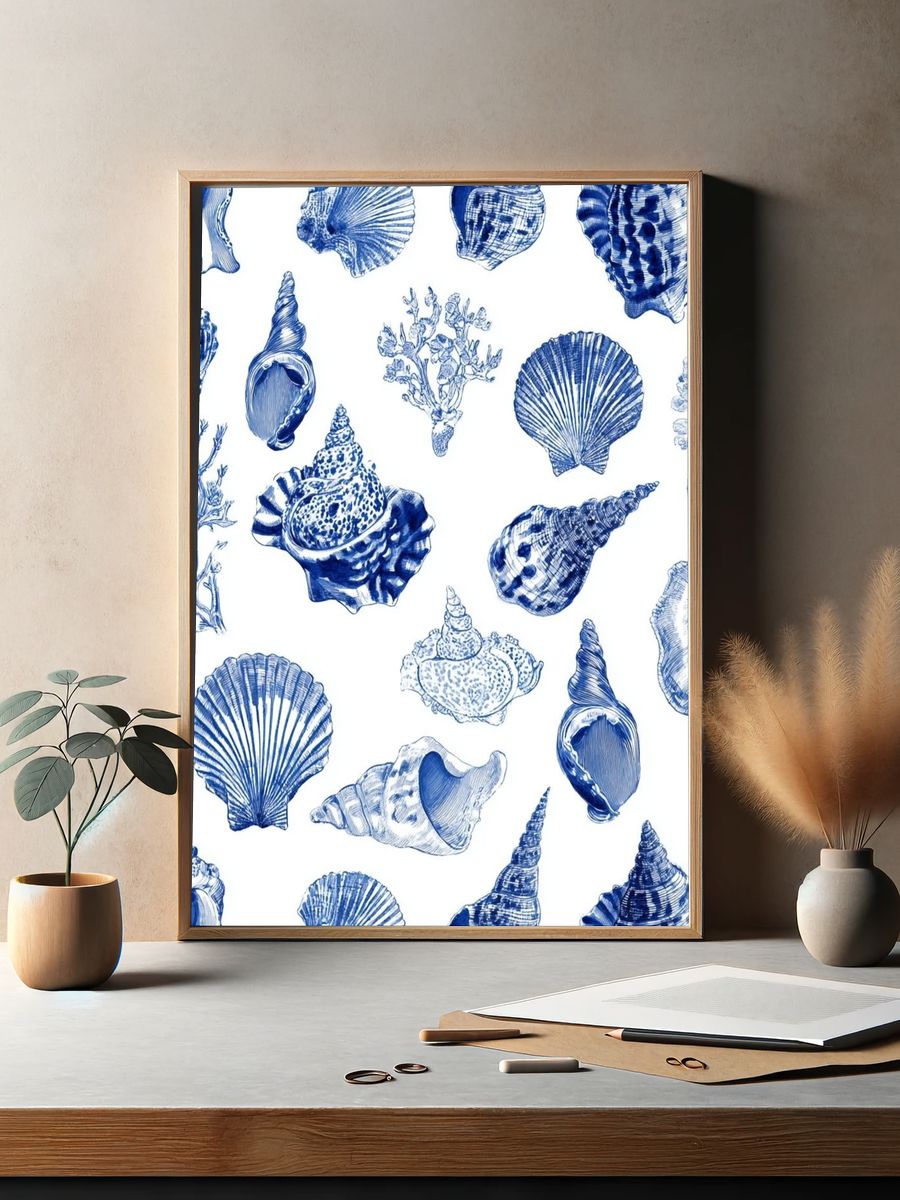 Blue Seashell Pattern Print. — room view 2